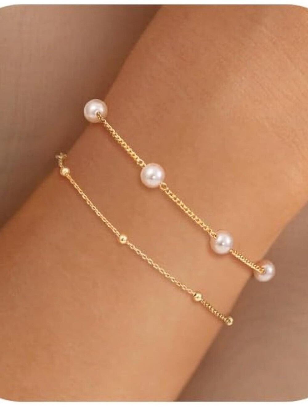 Gold Pearl Station Double Bracelet - Women Jewelry